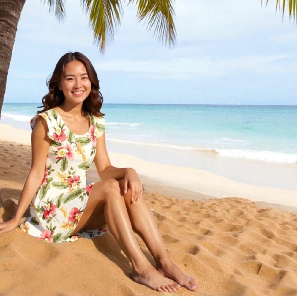 🌺 NWT Women’s Lava Hut Cloud Cream XOXO Tropical Floral Hawaiian Midi Dress 🌺 - Picture 2 of 7